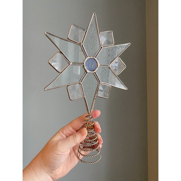Stained Glass Star Christmas Tree Topper With Clear Textured Glass & Blue Center - Picture 1 of 4